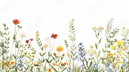 Flora, plants, and herbs. Botany. Set. Colorful illustration with engraving style.