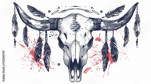 In this poster, postcard, invitation design, you can show off your boho chic, ethnic, native american or mexican bull skull with feathers on the horns and traditional ornamentation. photo