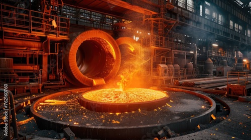 Colossal electric blast furnace churns out molten metal in the factory. Generative AI.