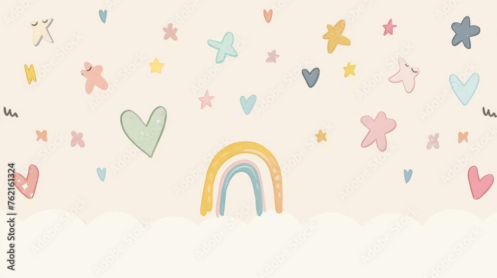 Nordic Abstract Modern Illustration with Rainbows, Stars, and Hearts. Baby Nursery Art with Pastel Color Doodles Isolated on Light Beige Background. Funny Infantile Style Boho Print. Nordic Abstract Modern Illustration with Rainbows, Stars, and Hearts. Baby Nursery Art with Pastel Color Doodles Isolated on Light Beige Background. Funny Infantile Style Boho Print.