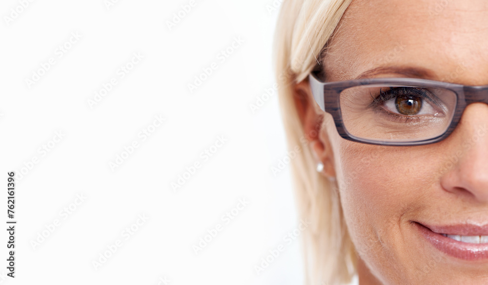 Happy woman, glasses and portrait on a white background for eye care, wellness and frame with mockup space. Face of a young person or ophthalmologist with vision, lens and specs on a banner in studio Happy woman, glasses and portrait on a white background for eye care, wellness and frame with mockup space. Face of a young person or ophthalmologist with vision, lens and specs on a banner in studio