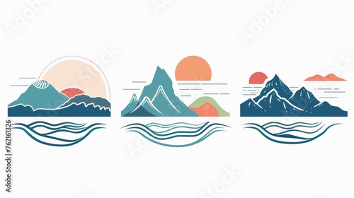 Line art print set of minimalist  modern landscapes with mountains  forests  seas  skies  and waves. Modern illustrations.