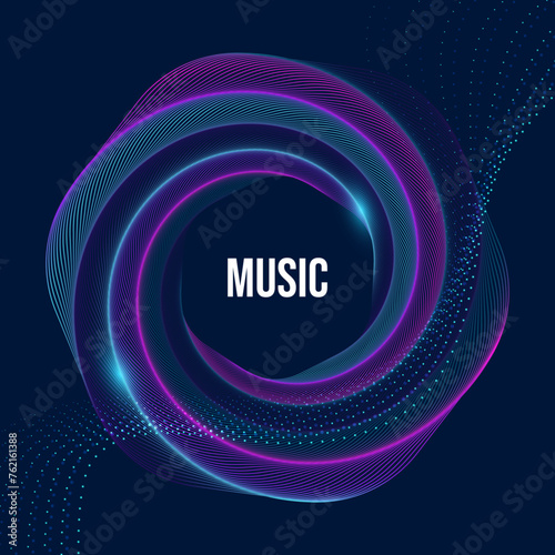 Equalizer glowing circle flowing blue purple lines. Radial sound wave curve with light particles on isolated background. Abstract colorful cover design template of music poster, banner.