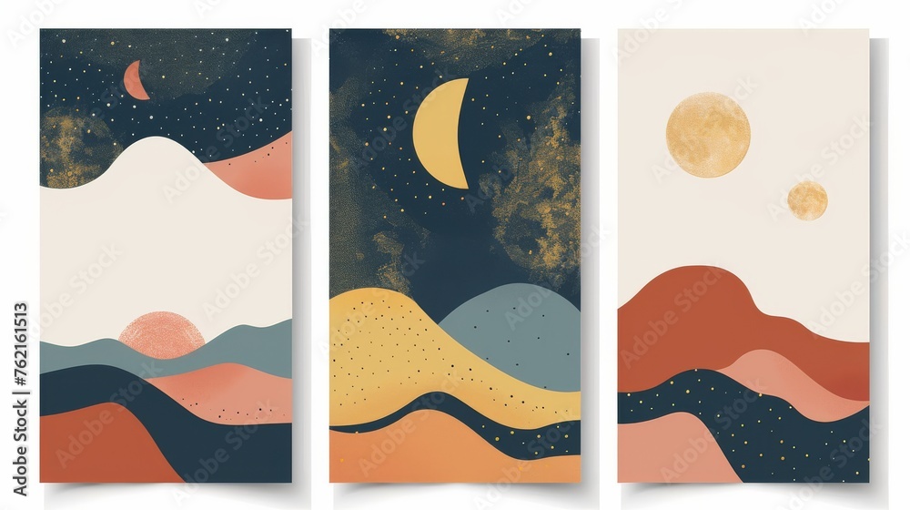 The abstract sun moon poster set is made from modern minimalist backgrounds, and it's style is modern boho. The design is based on a mid century wall decor template.