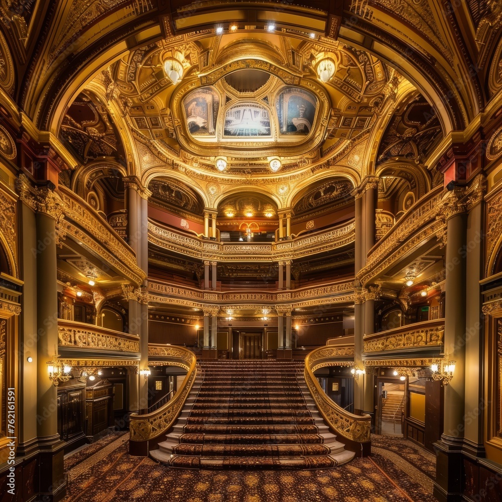 Opulent theater interior with grand staircase, ornate golden detailing, and an exquisite painted ceiling.