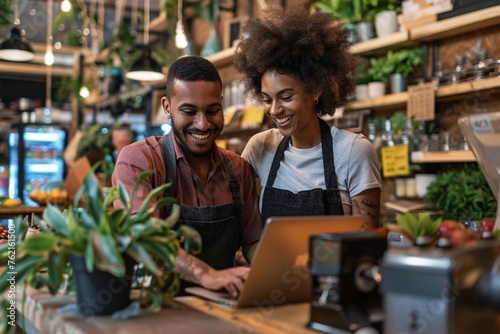 Smiling florist holding card reader machine at counter with customer paying with credit card. Young african american florist shop assistant holding payment machine while buyer purchase a bunch flower. photo