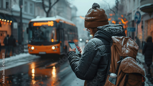 Rear view. A passenger on the street checking his phone in front of an electric minibus. Generative AI.