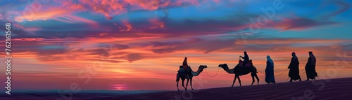 Silhouetted figures with camels walking in a desert at sunset, with vibrant orange and blue sky. © Moopingz