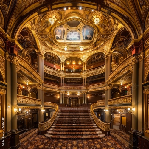 Opulent theater interior with grand staircase  ornate golden detailing  and an exquisite painted ceiling.