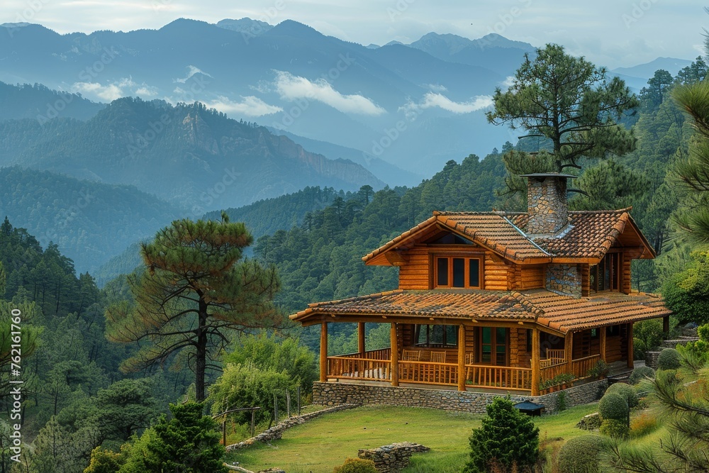 Beautiful wooden house on a hill among a green mountain landscape Beautiful wooden house on a hill among a green mountain landscape