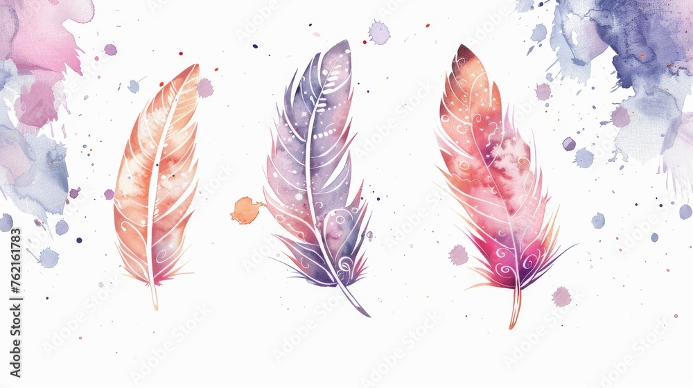 A white background is decorated with 3 hand-drawn watercolor feathers with ornaments A white background is decorated with 3 hand-drawn watercolor feathers with ornaments