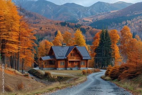 Mountain autumn landscape and wooden cozy house