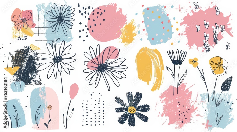 Flowers and dots doodled in pencil and textured like a felt-tip pen or marker. Perfect for modern design. Modern illustration. - obrazy, fototapety, plakaty 