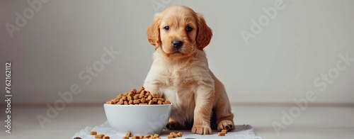 a cute puppy sits on a light grey background next to a white bowl containing dog food