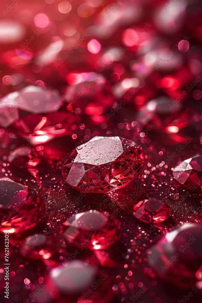Faceted red ruby stones of different sizes, selective focus Faceted red ruby stones of different sizes, selective focus