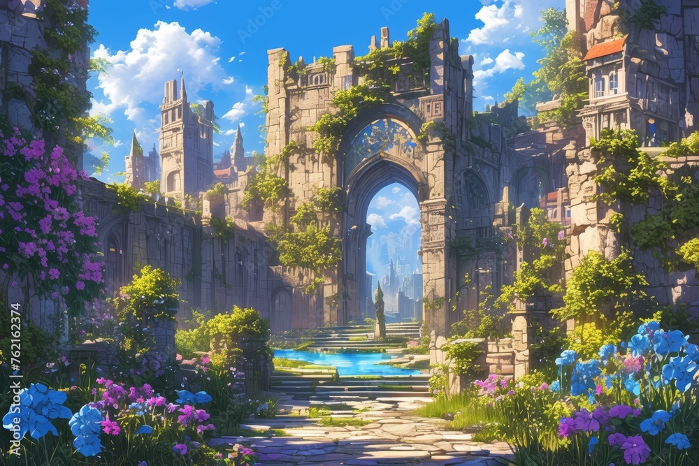 A fantasy scene of an ancient garden with ivy-covered walls, colorful flowers in full bloom, and a mystical archway leading to the heart of a bustling cityscape. T - obrazy, fototapety, plakaty 