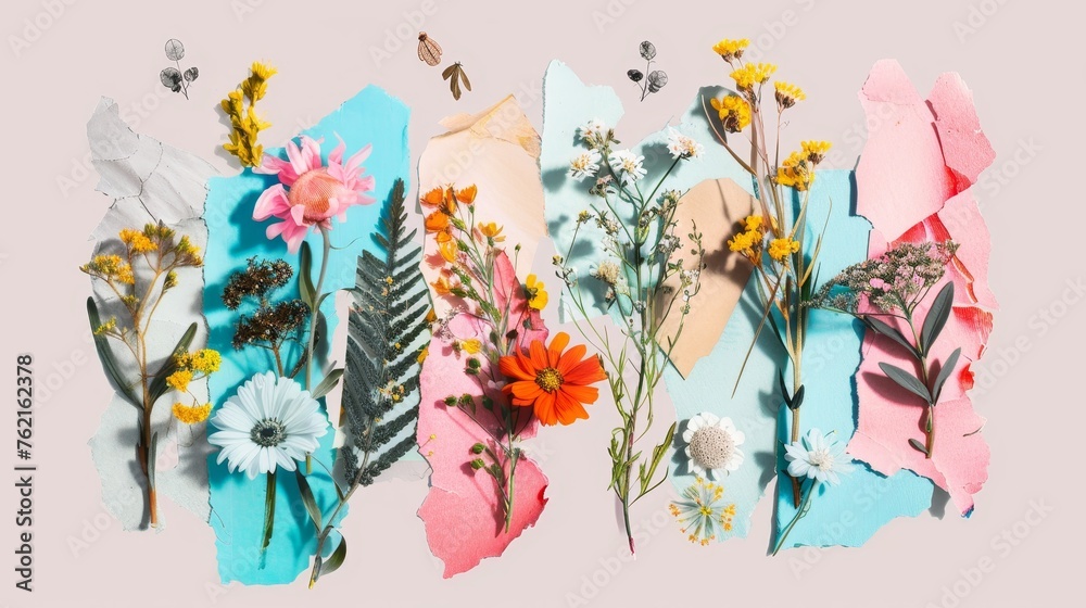 Isolated plants clipped from a magazine. Halftone modern elements with bright colors for collages. Nature-themed stickers. - obrazy, fototapety, plakaty 