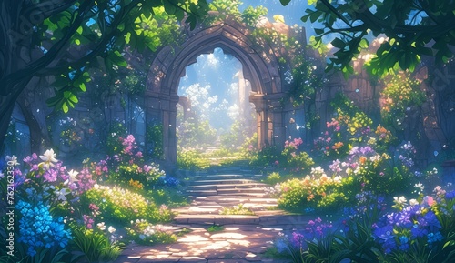 A fantasy garden filled with blooming flowers  lush greenery  and an archway leading to the heart of the scene. 