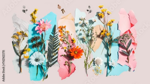 Isolated plants clipped from a magazine. Halftone modern elements with bright colors for collages. Nature-themed stickers.