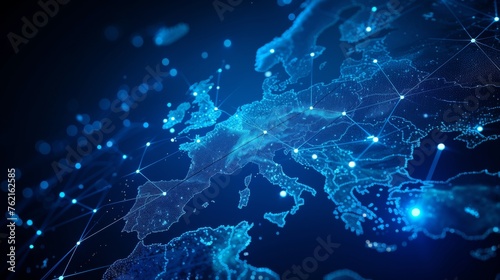 Concept of European global network and connectivity glowing and interconnected dots transferering binary code, data transfer and cyber technology and information exchange
