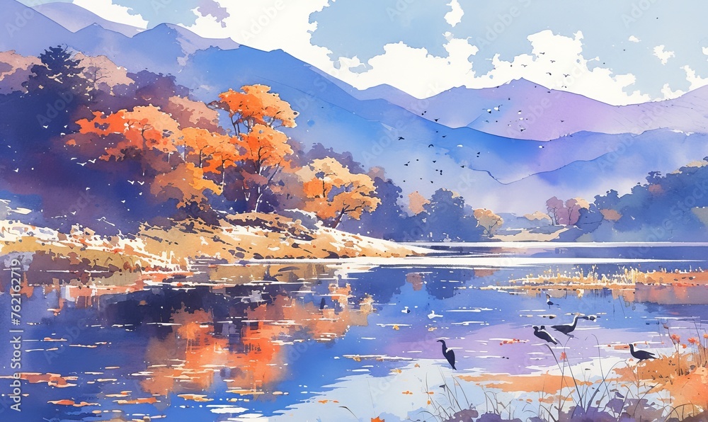 A beautiful watercolor landscape painting of mountains and trees around the lake, with autumn colors, creating an enchanting scene that captures nature's beauty in its purest form. 