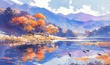 A beautiful watercolor landscape painting of mountains and trees around the lake, with autumn colors, creating an enchanting scene that captures nature's beauty in its purest form. 