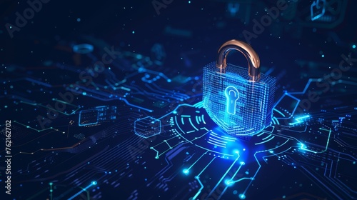 Digital red glowing padlock made of glowing atoms, for computing system on dark blue background, cyber security technology for fraud prevention and privacy data network protection concept