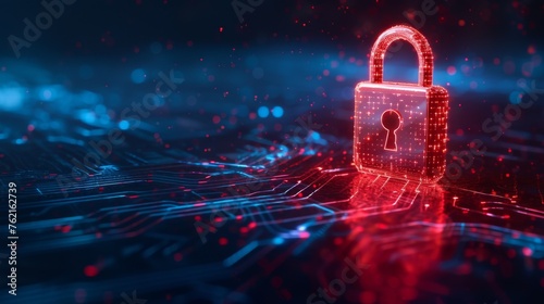 Digital red glowing padlock made of glowing atoms, for computing system on dark blue background, cyber security technology for fraud prevention and privacy data network protection concept