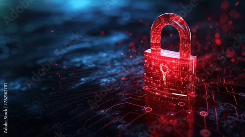 Digital red glowing padlock made of glowing atoms, for computing system on dark blue background, cyber security technology for fraud prevention and privacy data network protection concept photo
