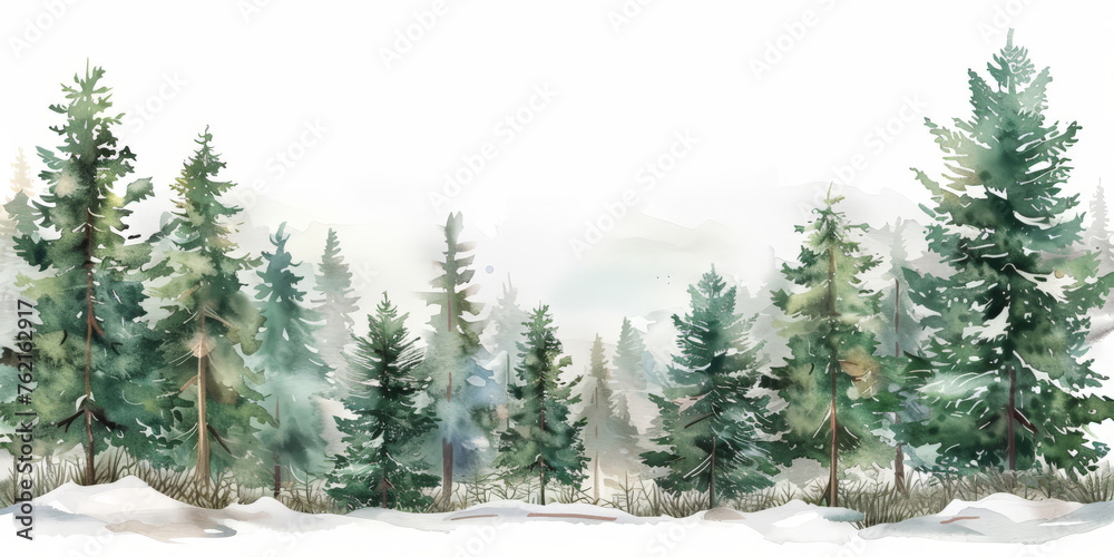 Obraz premium watercolor painting of a forest of pine trees in the snow on white background, watercolor forest in winter, banner
