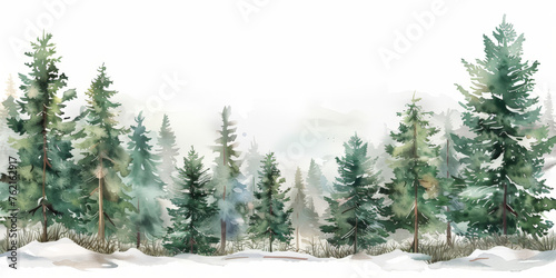 watercolor painting of a forest of pine trees in the snow on white background, watercolor forest in winter, banner