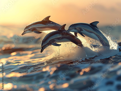 A pair of dolphins robot leaping joyfully from the ocean waves at dawn  symbolizing freedom and playfulness  documentary photo hyper realistic  low noise  low texture  surreal