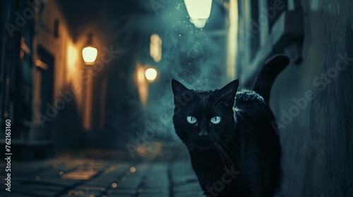Night Vision Black Cat with Glowing Eyes in Old Alley photo