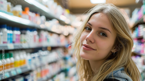 blond young woman in front of the blurry shelves with medications , with empty copy space