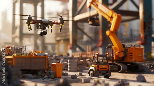 BIM-powered construction site with drones and robots, a high-tech build process.