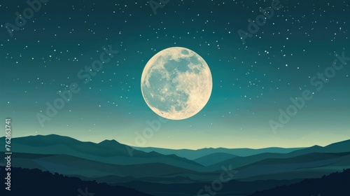 Illustration of full moon view above the sky at night with flat style. AI generated image