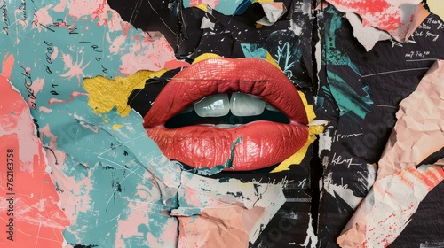 The poster features doodles on a blackboard, spitballs with ridiculous text, and cut-out paper lips of a beautiful woman. It is a modern illustration of modern vintage pop art. photo
