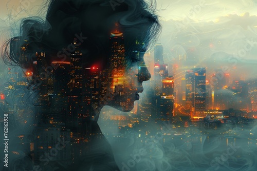 Conceptual art of a human silhouette filled with a bustling, futuristic cityscape