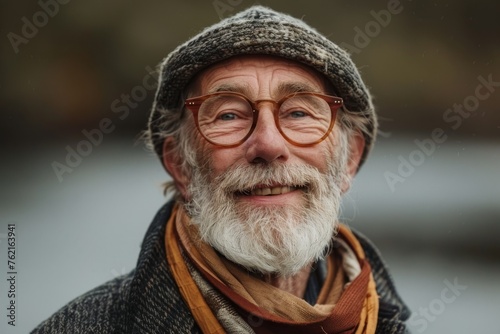 Elderly man smiling at camera. A close-up portrait of an elderly, man with a warm smile, wearing fashionable clothes.