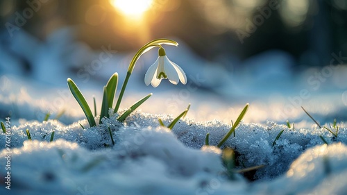 Single snowdrop flower emerging through snow photo