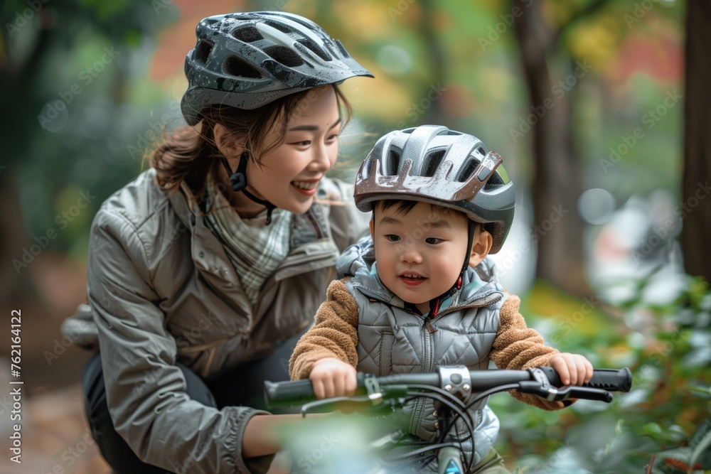 Fototapeta premium Mother and Child Enjoying Bike Ride Together