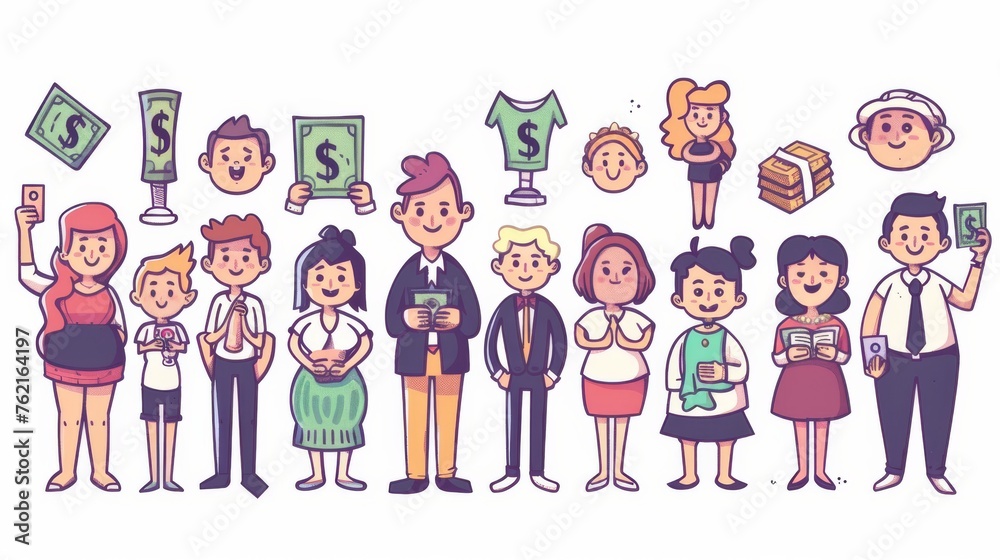 An illustration of a rich character spending money on luxury goods An illustration of a rich character spending money on luxury goods