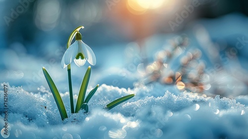 Single snowdrop flower emerging through snow photo