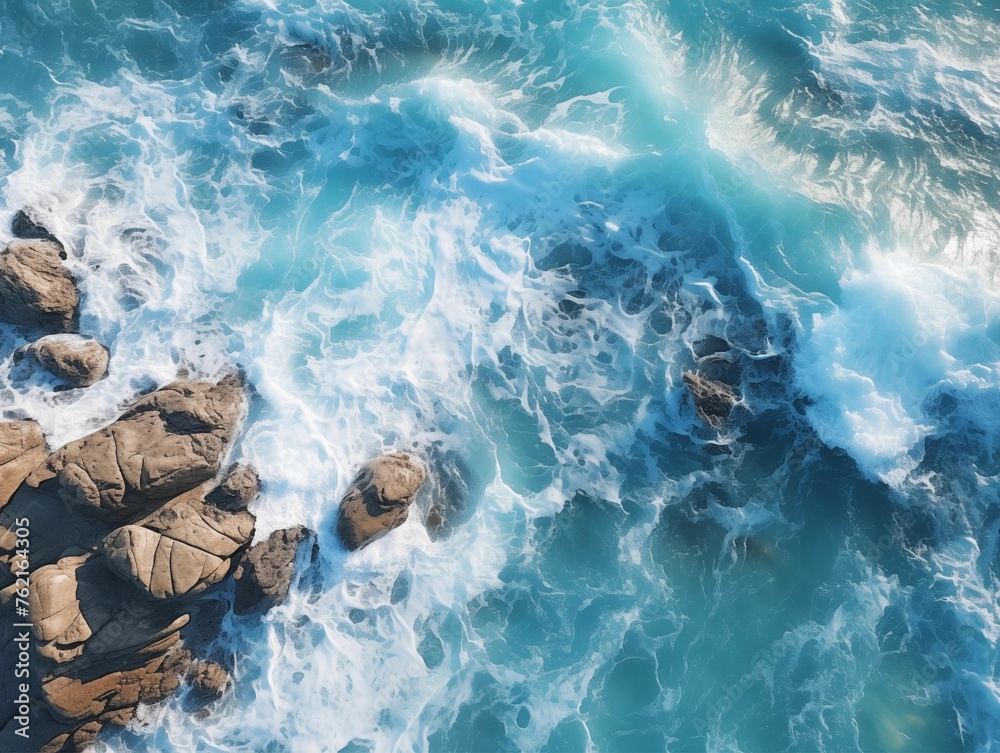 Fototapeta premium Top View of Rocky Ocean with Waves Background. Generative AI