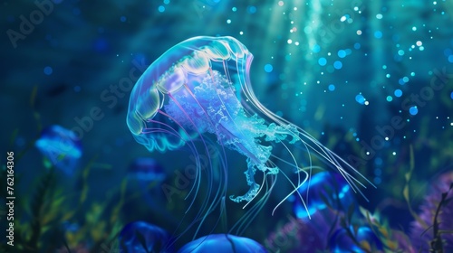 Frontal View of Bioluminescent Ocean and Graceful Jellyfish