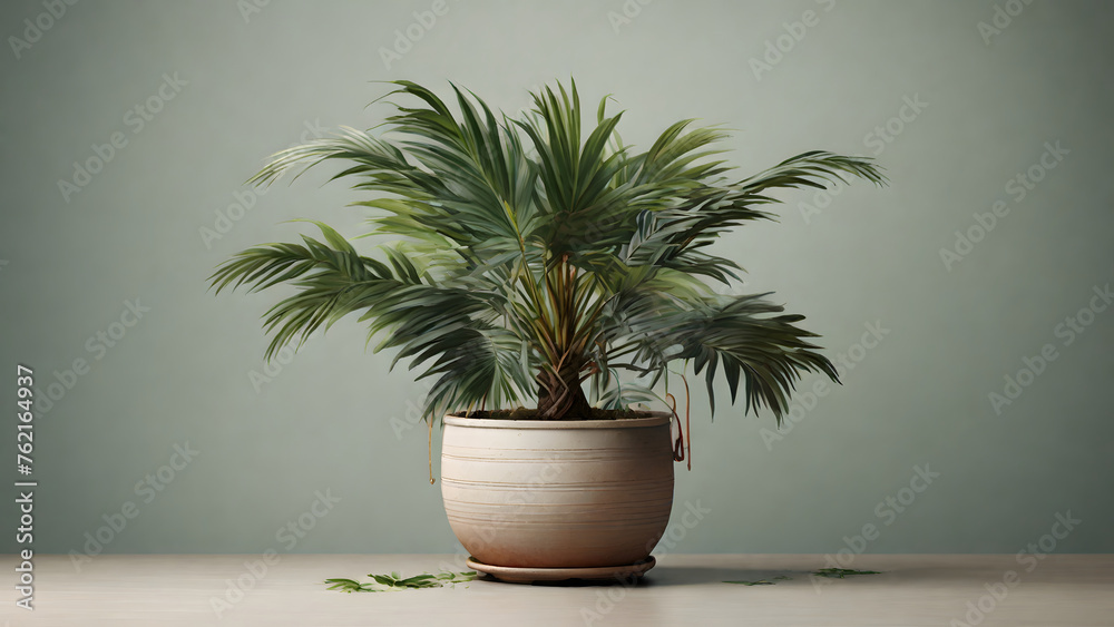 Obraz premium Kentia Palm in black pot, isolated on a white background, Copy space