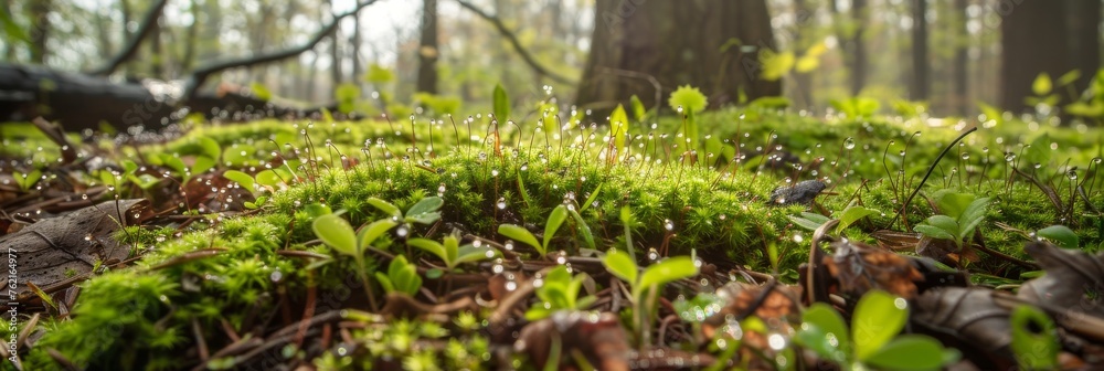 Forest Floor viewed from ground level perspective showcasing a lush miniature world - Tiny bright green moss carpets the ground interspersed with miniature plants created with Generative AI Technology