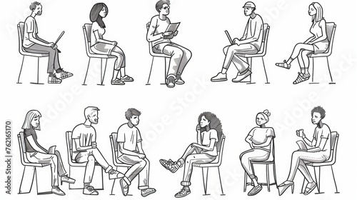 An illustration of people sitting on chairs in a variety of postures. Hand drawn style modern doodle design illustration.