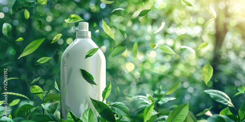 eco white laundry detergent bottle or fabric softener empty blank product mockup, concept of ecological sustainable environmentally friendly bio natural organic sanitary liquid, biodegradable plastic photo