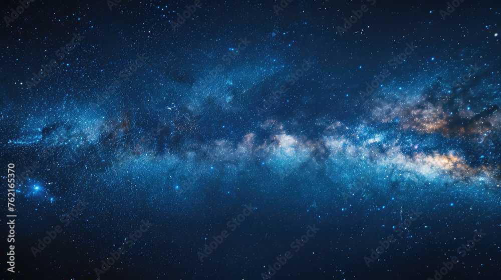 Amazing Panorama blue night sky milky way and star on dark background.Universe filled with stars, nebula and galaxy with noise and grain.Photo by long exposure and select white balance.selection focus - obrazy, fototapety, plakaty 